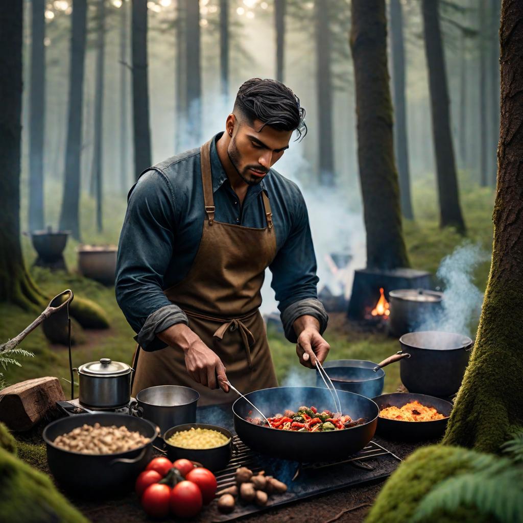  a young man cooking in the forest. hyperrealistic, full body, detailed clothing, highly detailed, cinematic lighting, stunningly beautiful, intricate, sharp focus, f/1. 8, 85mm, (centered image composition), (professionally color graded), ((bright soft diffused light)), volumetric fog, trending on instagram, trending on tumblr, HDR 4K, 8K