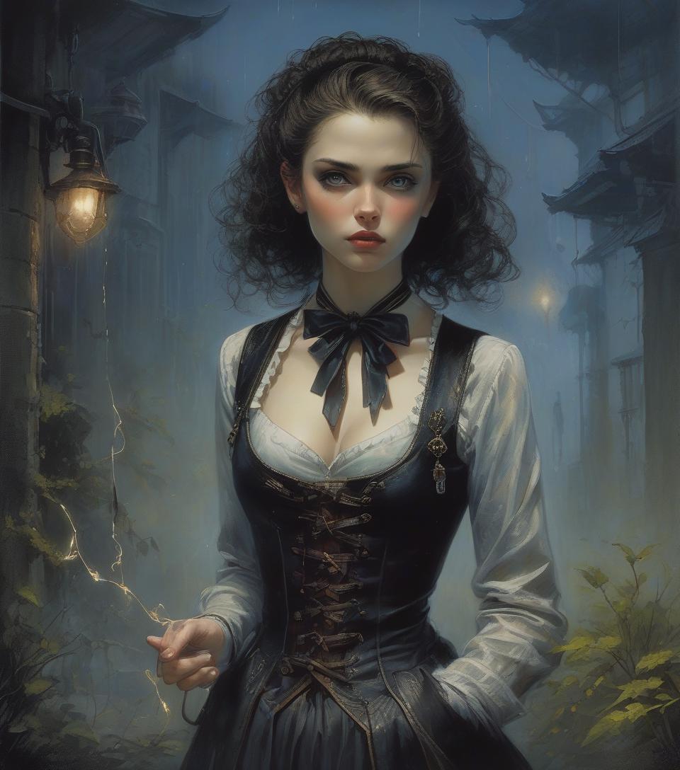  art by craola, dorian vallejo, damian lechoszest, todd lockwood.luis royo portrait of girl wears pin up stylish clothes detailed, ribbon, garden, sprinklers, lithography, detailed, gothic, or intricate fantasy ambiance, ernst lockwood, royo, mannerism, sharp angles, half body art of a beautiful gentle girl in pin up style, magical portrait, dynamic movement, twilight, starry, road, author kuindzhi, rockwell, rough textures, perfect face, emphasis on facial details, dynamic movement, frame illumination, mysticism, magic, heavy metal, dungeons and dragons, medieval lore