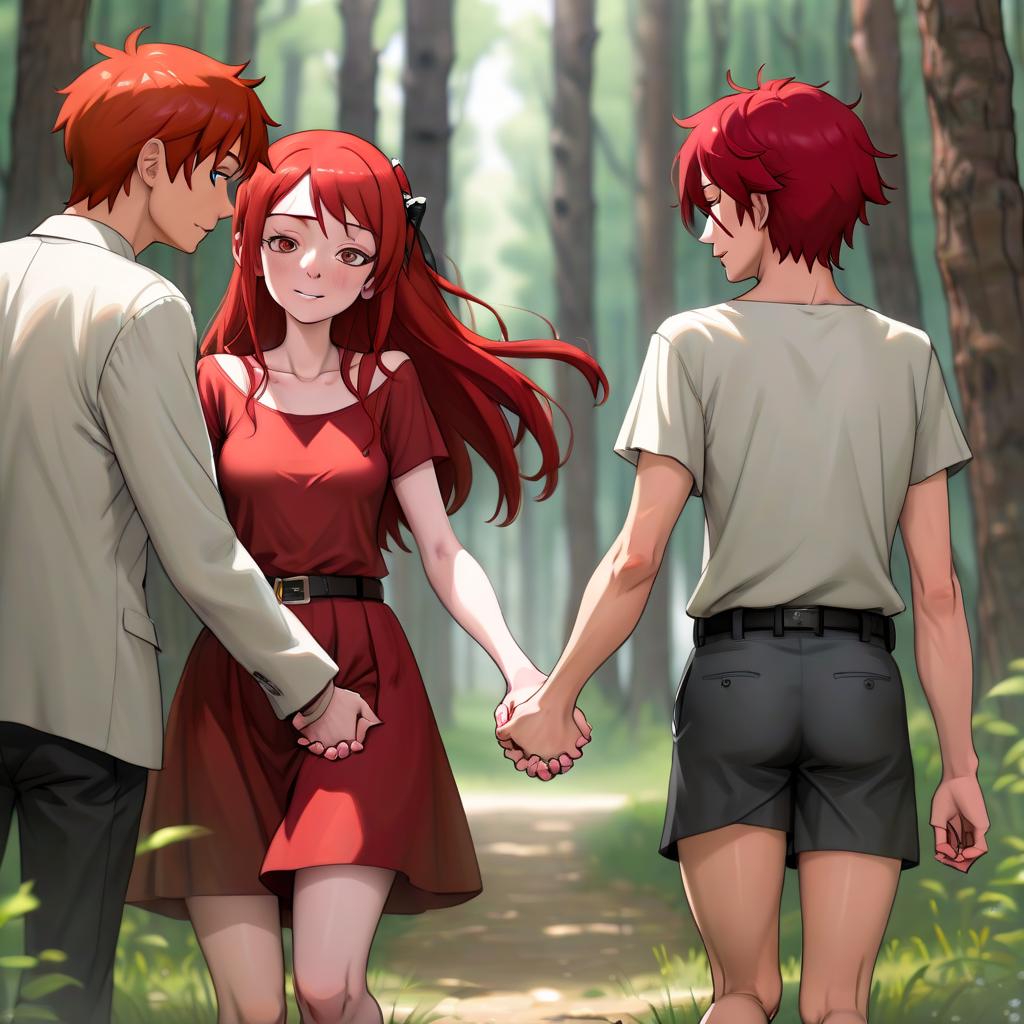   with red hair on her shoulders with gles. looks at me sideways. we're holding hands. we're holding hands