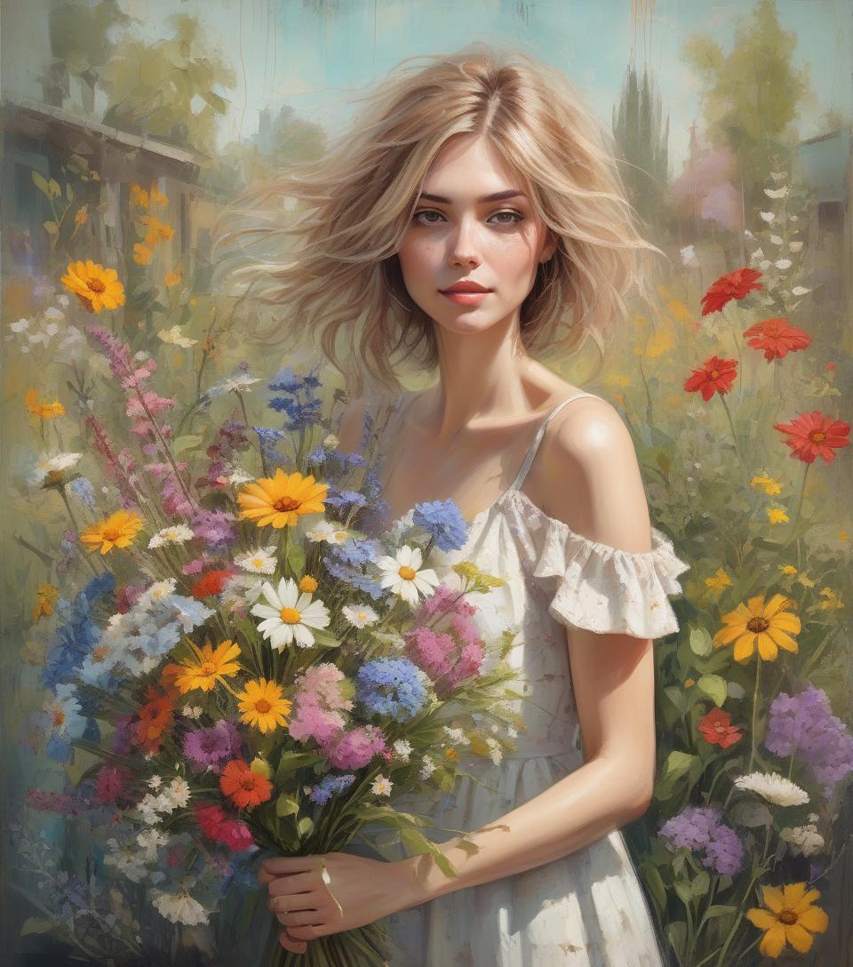  grunge style garden wonders, beautiful woman holding a bouquet of wild flowers to her face, detailed summer garden background, wearing a summer dress, perfect face, delicate face, vivid colors, happiness, oil painting, expressive brushwork, highly detailed, delicate details . textured, distressed, vintage, edgy, punk rock vibe, dirty, noisy