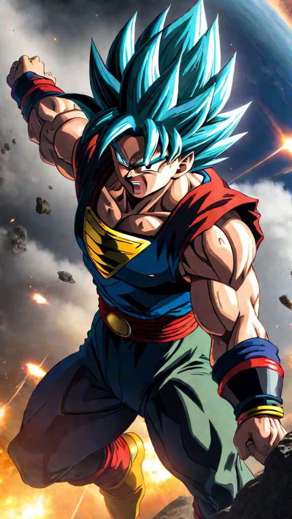  anime art: bardock from dragon ball z launches baby goku towards earth from doomed planet vegeta. hyperrealistic, full body, detailed clothing, highly detailed, cinematic lighting, stunningly beautiful, intricate, sharp focus, f/1. 8, 85mm, (centered image composition), (professionally color graded), ((bright soft diffused light)), volumetric fog, trending on instagram, trending on tumblr, HDR 4K, 8K