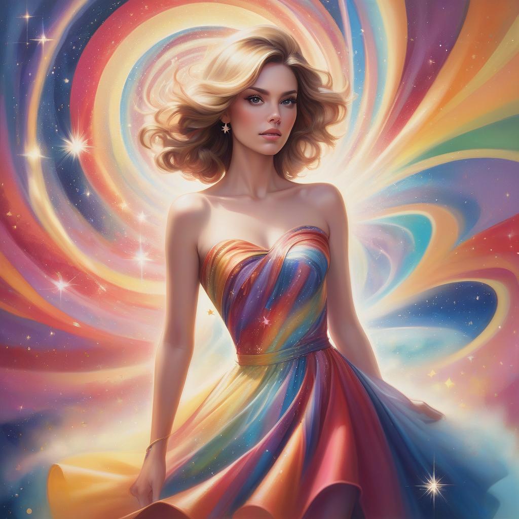  a painting of a woman in a dress with a colorful swirl in the background and a star burst in the sky, artgerm, figurative art, highly detailed digital painting, an airbrush painting