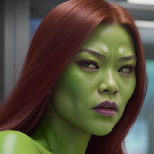  (Jennie Kim: 100) a close up of a woman with red hair and green makeup, gamora, zendaya as she-hulk, zoe saldana, green skinned, in avengers movie, still from marvel movie, beautiful android woman, from guardians of the galaxy, marvel movie still, beautiful crying! android woman, she - hulk, skin painted with green, from a marvel movie, green skin