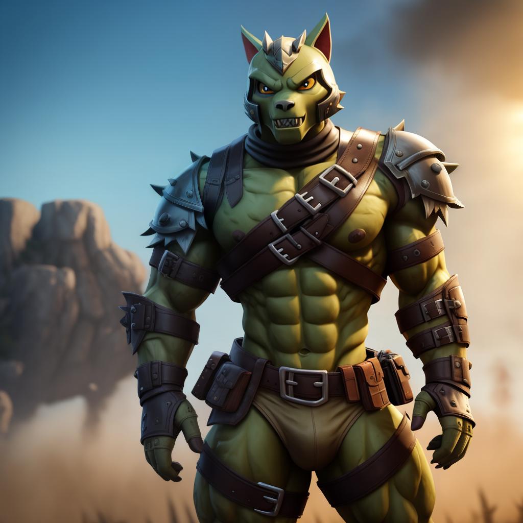  Combat super mutant (fortnite), full body, leather, armour, open eyes, masterpiece, 4k, fine details,