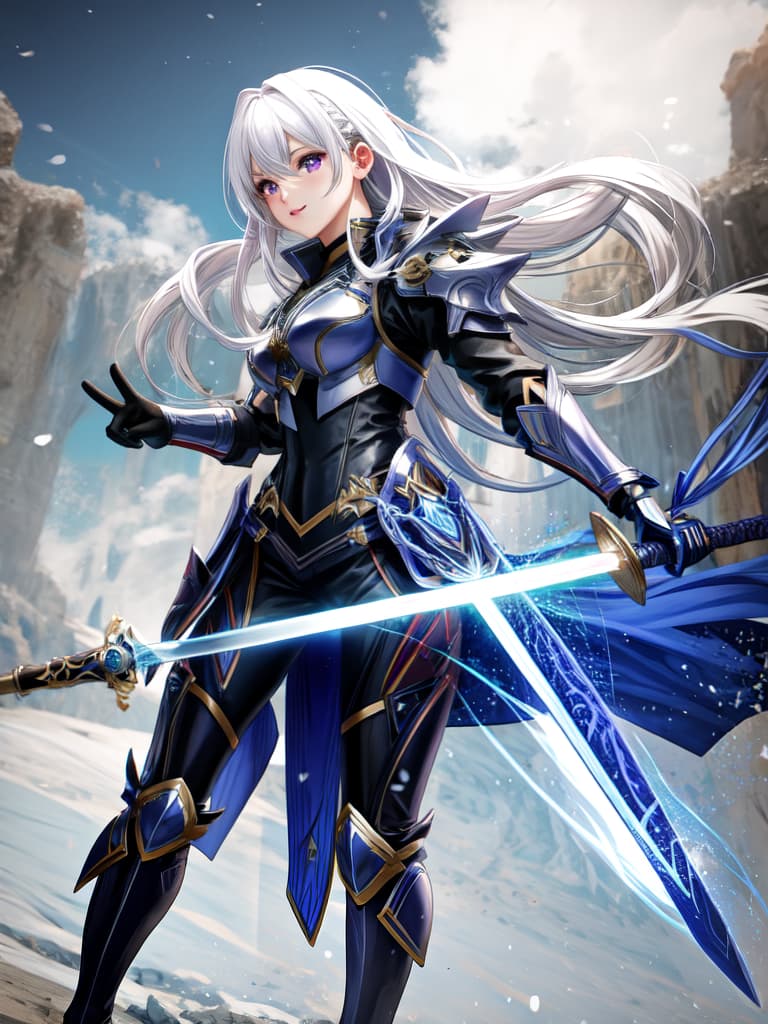  3dmm style,3d,realistic, high quality, 3d realistic works, 1 girl, armor, white hair, purple eyes, sword, wielding sword, blue flame, glowing weapon, light particles, wallpaper, color difference hyperrealistic, full body, detailed clothing, highly detailed, cinematic lighting, stunningly beautiful, intricate, sharp focus, f/1. 8, 85mm, (centered image composition), (professionally color graded), ((bright soft diffused light)), volumetric fog, trending on instagram, trending on tumblr, HDR 4K, 8K