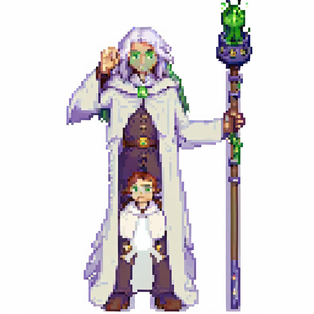  pixel art human , alchemist , wizard, white cape , green eyes, brown hair with white hair on top, pixel character, full length, measuring 256 by 256 pixels . low res, blocky, pixel art style, 8 bit graphics