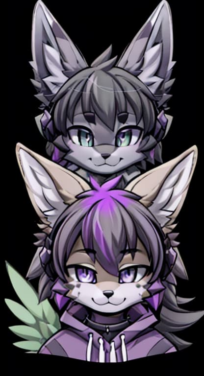  black and grey and green fennec fox with grey draids and the right eye is solid black with a blue and purple pupil, (anime:1.25)