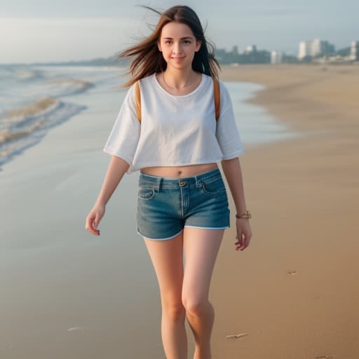   girl and wearing shorts walking on beach