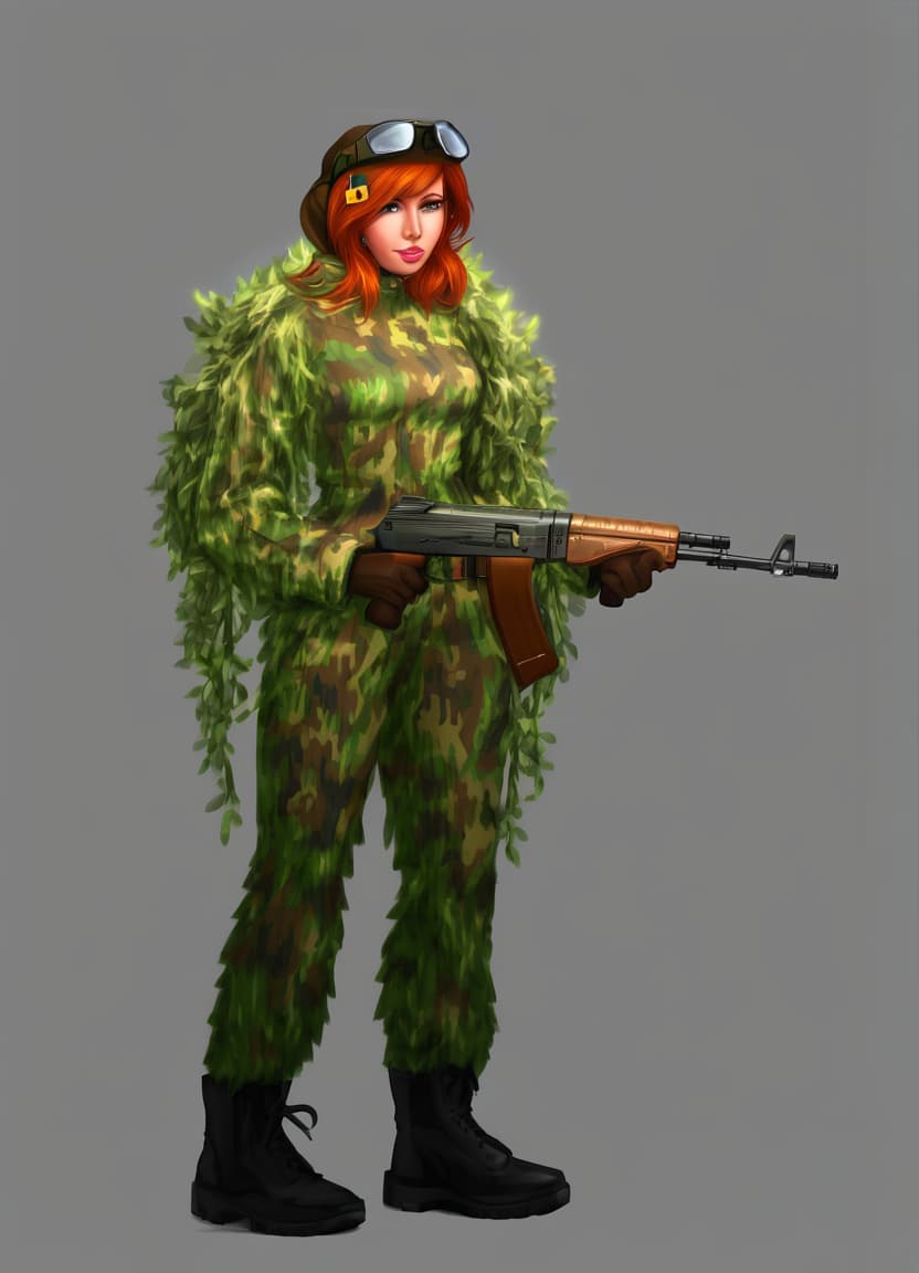  please make detailed render of women in camouflage suit