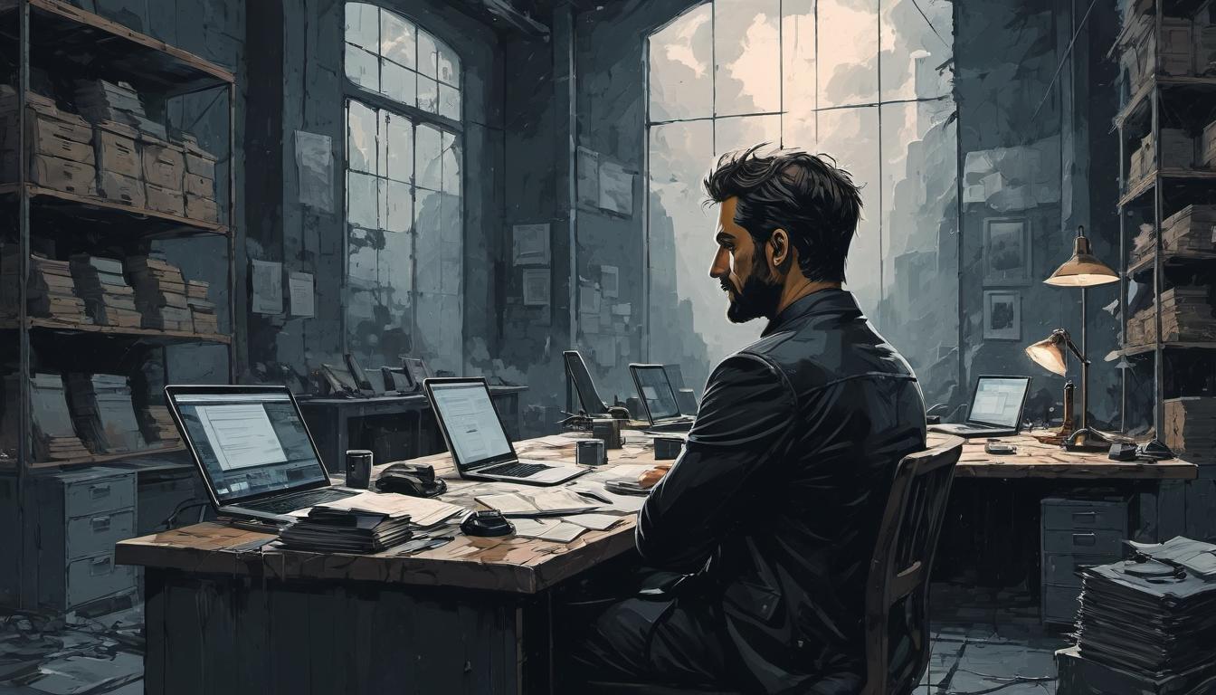  （surrealism)a figure sitting alone, looking exhausted, in a busy workspace, others working energetically around, sense of isolation amidst competition, background of office dynamics, contrast between calm and chaos mystic, intricate details, best quality)