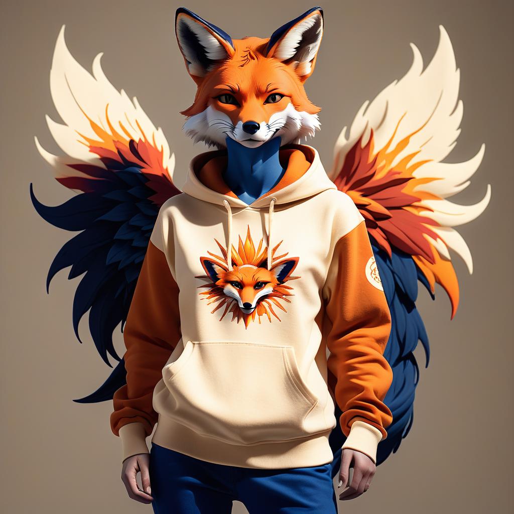  fashion editorial style hoodie design. drawing for the entire area of the hoodie. front on the left is a fox, which has wings, in the form of rays of the sun. the sleeves and the right part of the sweater are sewn by different parts of fabrics of other colors. the fox is fiery, the wings are dark orange. the background of the cream fox. the remaining areas have color: deep blue, cream, fiery. there is a brand logo . high fashion, trendy, stylish, editorial, magazine style, professional, highly detailed, on parchment, t shirt design