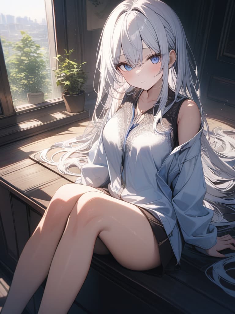  girls, whole body, blue eyes, white hair, long hair, sitting, masterpiece, best quality,8k,ultra detailed,high resolution,an extremely delicate and beautiful,hyper detail