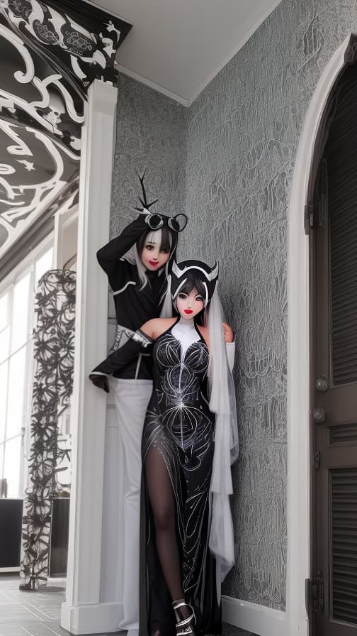  Black and silver Spider-patterned body paint in every corner of the whole body, full-body, White body paint,Silver face paint on the face,Two Dark elfs 女の子