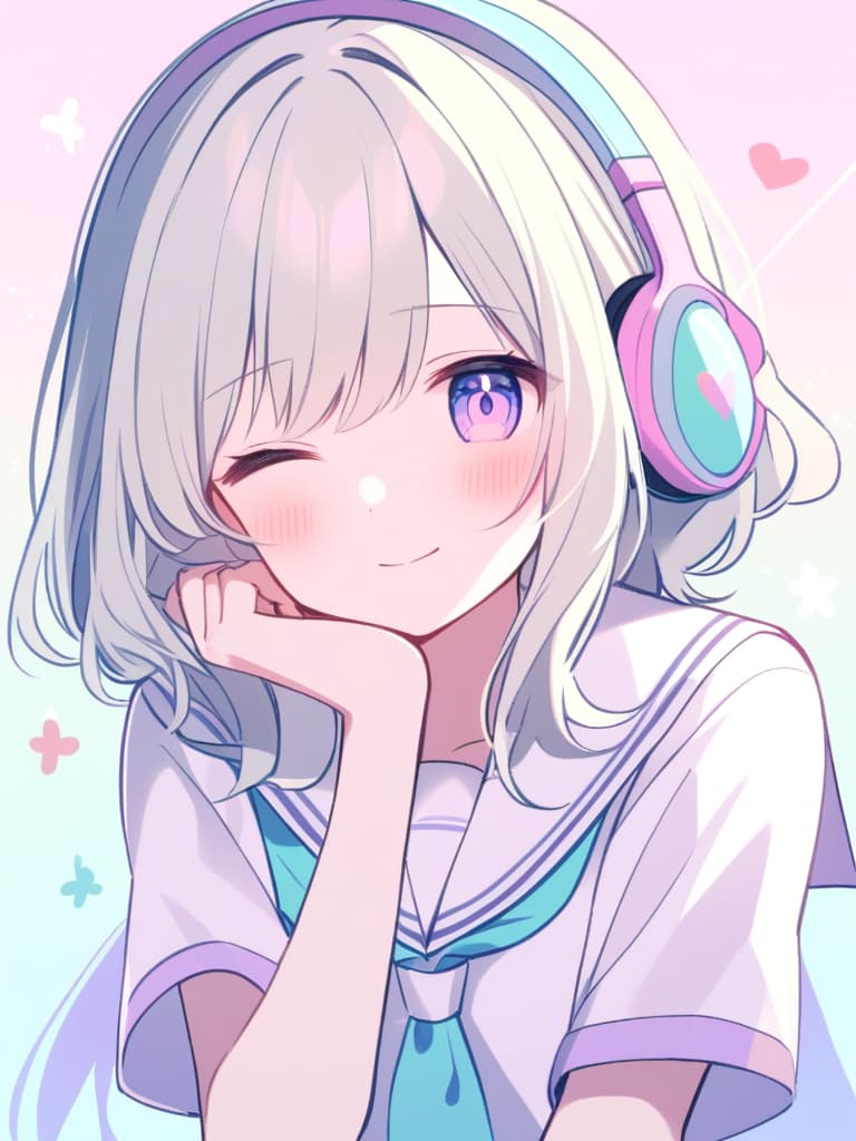  a cute anime style girl with long,straight platinum blonde hair and bangs,wearing a light pink and white sailor uniform with a soft expression. her eyes are heterochromatic: one eye is purple with a star shape,the other is green with a heart shape. she has large,circular headphones resting on her ears. the overall color scheme is pastel,and she appears to be smiling softly with a gentle blush on her cheeks. the background is soft yellow,giving a warm and lighthearted vibe