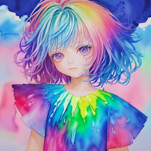 best quality,(masterpiece:1.3),ultra detailed,1girl,Abstract watercolor painting of a little girl,(cowboy shot),scales,rainbow colors :1,colorful hair,blue and pink tone colors,abstract watercolor painting of cartoon clouds with emoji,rainbow colors,Gradien
