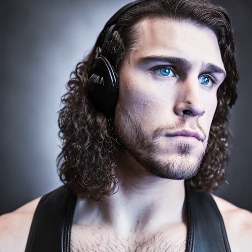 portrait+ style wrestling star queer brunette hunk dude face