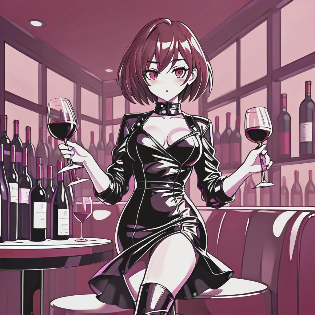  line art drawing girl in leather dress, wine in hand, same nightmare. anime style . professional, sleek, modern, minimalist, graphic, line art, vector graphics