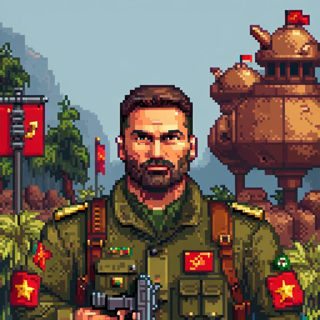  pixel art soviet soldier pixel icon in game . low res, blocky, pixel art style, 8 bit graphics hyperrealistic, full body, detailed clothing, highly detailed, cinematic lighting, stunningly beautiful, intricate, sharp focus, f/1. 8, 85mm, (centered image composition), (professionally color graded), ((bright soft diffused light)), volumetric fog, trending on instagram, trending on tumblr, HDR 4K, 8K