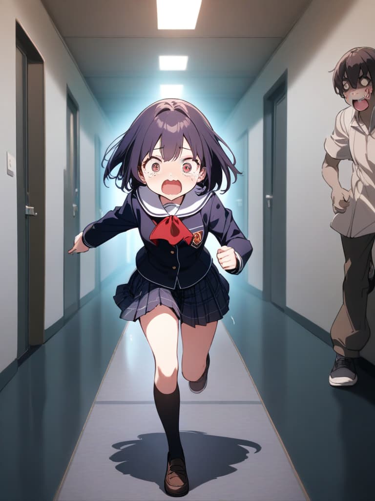  ultra detailed:1.2,masterpiece:1.2,best quality,masterpiece,bestquality,hdr:1.1,8k:1.1,very cute girl:1.3,(dark purple hair:1.3)(black school uniform,red ascot:1.4)((from front,full body:1.4))((running at school:1.6)),(scared,tears:1.3),(being chased by zombies:1.4)((school hallway:1.7))