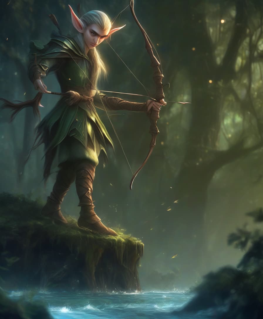  concept art an elf shoots a bow in a dark forest, standing on the ankle in the water. view from below . digital artwork, illustrative, painterly, matte painting, highly detailed, oil painting