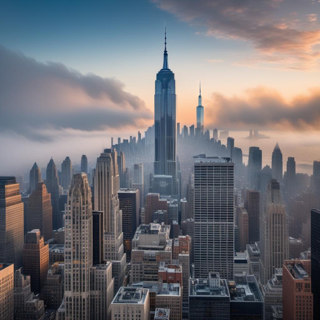  A Manhattan skyline with the Twin Towers in a single, unbroken continuous line. hyperrealistic, full body, detailed clothing, highly detailed, cinematic lighting, stunningly beautiful, intricate, sharp focus, f/1. 8, 85mm, (centered image composition), (professionally color graded), ((bright soft diffused light)), volumetric fog, trending on instagram, trending on tumblr, HDR 4K, 8K