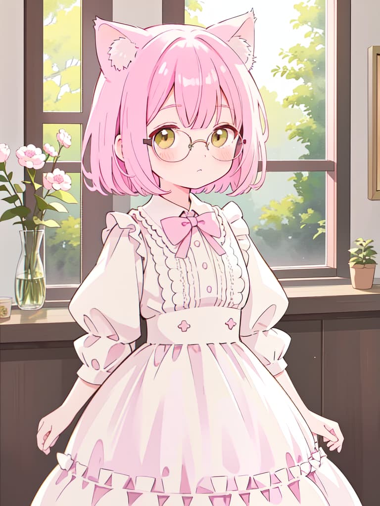  cat ears, green maid clothes, brown eyes, standing picture, round glasses, pink hair bob, masterpiece, best quality,8k,ultra detailed,high resolution,an extremely delicate and beautiful,hyper detail