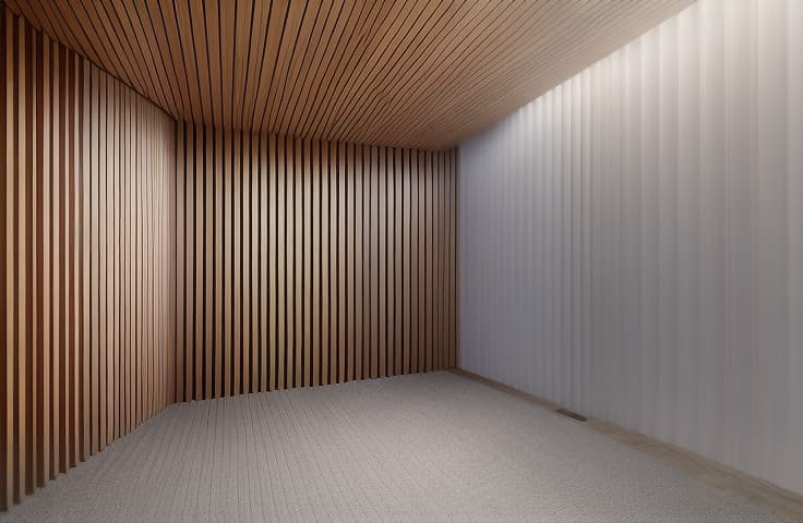  wooden slat wall panel. the panel is made of light colored wood, possibly oak, and features vertical slats with equal spacing between them. the slats are thin, elongated, and evenly distributed, creating a uniform pattern. floor, and ceiling will remain untouched hyperrealistic, full body, detailed clothing, highly detailed, cinematic lighting, stunningly beautiful, intricate, sharp focus, f/1. 8, 85mm, (centered image composition), (professionally color graded), ((bright soft diffused light)), volumetric fog, trending on instagram, trending on tumblr, hdr 4k, 8k