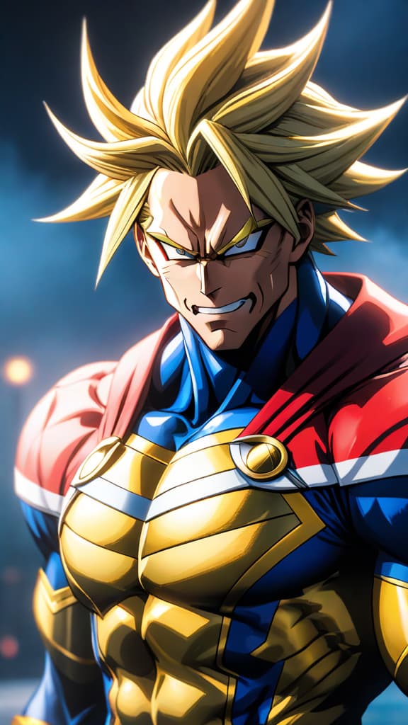  create an anime art of all might at his peak, striking fear into villains worldwide. hyperrealistic, full body, detailed clothing, highly detailed, cinematic lighting, stunningly beautiful, intricate, sharp focus, f/1. 8, 85mm, (centered image composition), (professionally color graded), ((bright soft diffused light)), volumetric fog, trending on instagram, trending on tumblr, HDR 4K, 8K