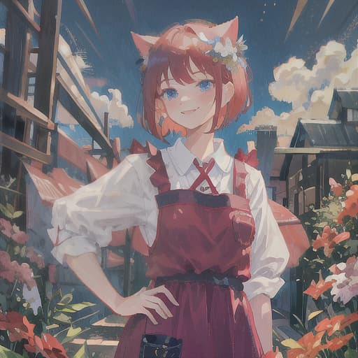  master piece , best quality,red hair, short hair, cat ears, blue eyes, girl, cat hands, red apron, smile, flower garden, hands folded behind her back.