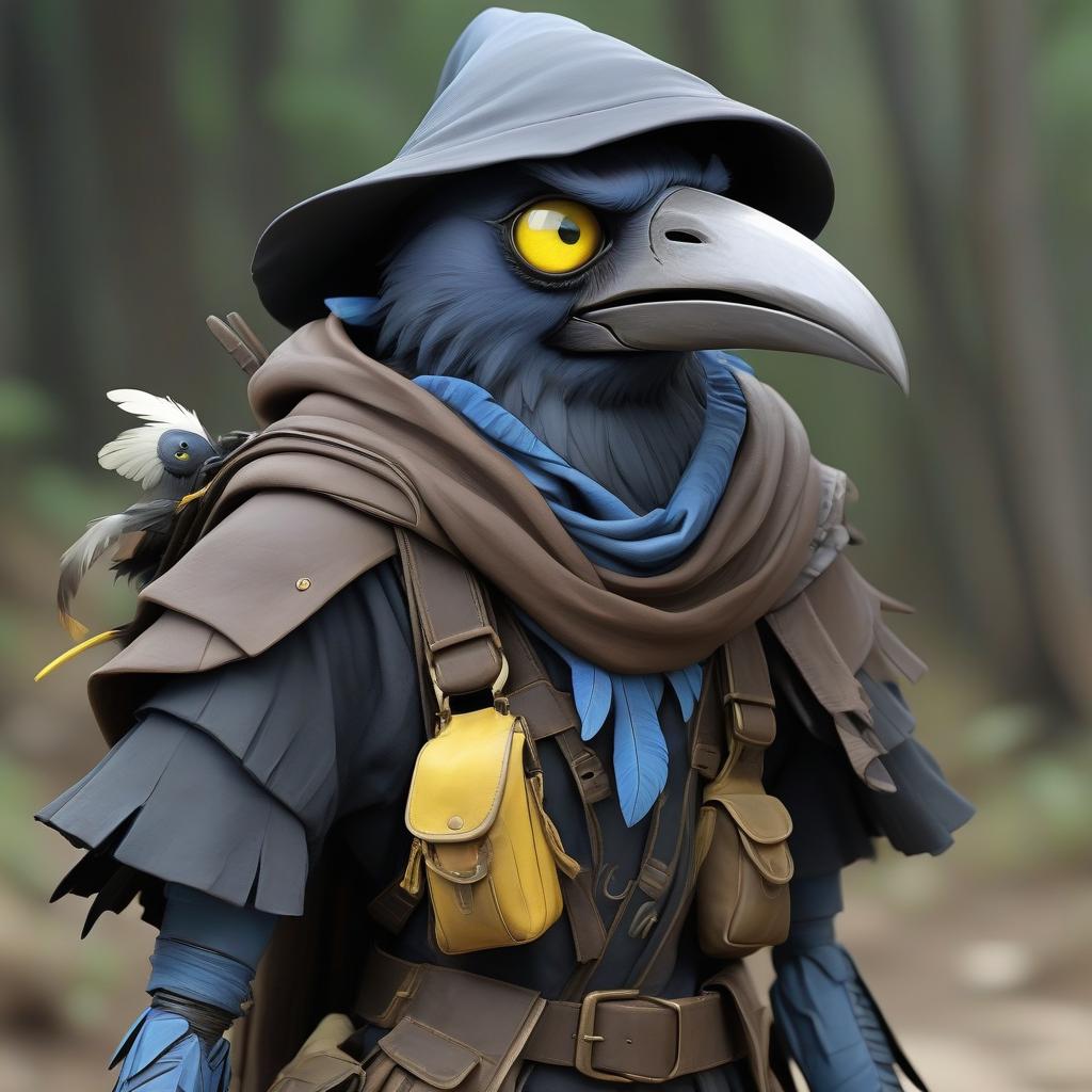  dystopian style black with blue tint avian humanoid race kenku with crow head alchemist, small beak, crazy yellow eyes, feathers ruffled, wearing travelers rags and leather cloak with lots of pockets, has big backpack with pockets, holding a homemade round bomb . bleak, post apocalyptic, somber, dramatic, highly detailed