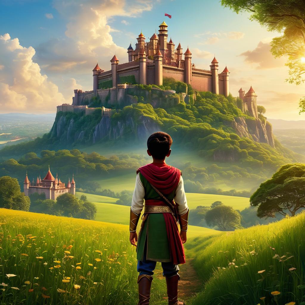  in 3d animated movie style. disney pixar style. "prithviraj chuhan, 8, young warrior with long, brown hair, protects his kingdom. a lush green meadow framed by a majestic castle. high res, pixar 3d style with lifelike details and vibrant colors. soft, warm lighting envelops, casting a golden glow. dynamic low angle shot focuses on prithviraj's bravery as he gazes towards the castle."