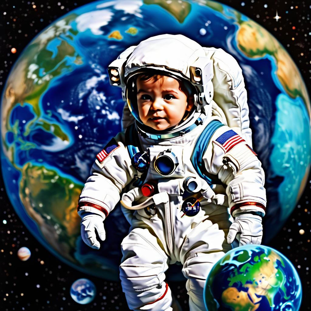  astronaut baby stands opposite planet earth