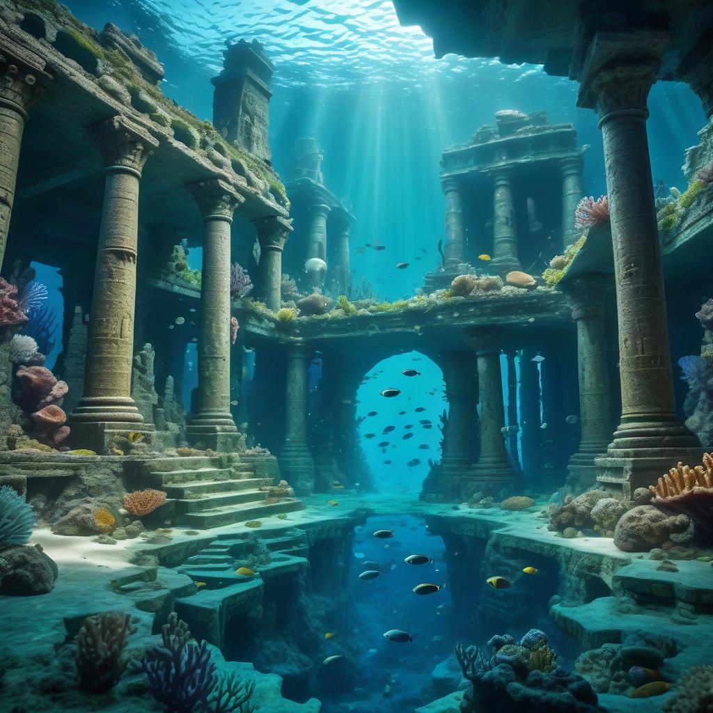  (masterpiece:1.8, oil painting:1.5, high quality 8k) surreal painting of a sunken ancient city on the seabed. extremely detailed, cinematic lighting, rich marine life, lots of detail.