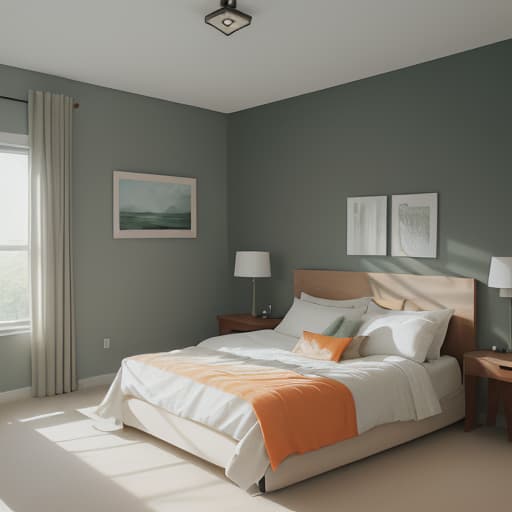  modern bedroom with bed, side tables and wall art in neutral tones with accents of dark green and orange. the room has large windows that illuminate the space with natural light. there is carpet on the floor and wooden paneling on one walls. in front there's an elegant grey fabric headboard and soft bedding. on each bedside table stand modern lamps casting warm glow over the scene. a minimalist painting hangs above it.