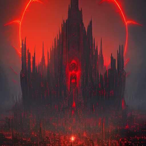  image type: panoramic view object: immora city appearance description: a gloomy metropolis with colossal towers stretching into the blood red sky. buildings made of dark, light absorbing material, decorated with sharp spikes and demonic symbols. the streets are winding labyrinths of bones and obsidian. additional elements: flying demons patrolling the sky; portals opening in other dimensions; fire geysers and rivers location: the center of hell, the capital of the demonic kingdom. effect : an atmosphere of eternal twilight, an ominous red glow emanating from buildings and crystals. style: a combination of gothic architecture, biomechanical design and infernal surrealism., dark , creepy , blood , monsters , by jason engle , carlos huante , c