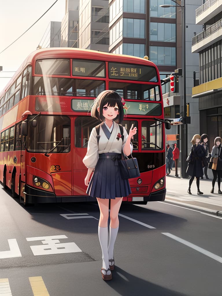  a woman standing in front of a double decker bus,a picture,shin hanga,he is greeting you warmly,ruan cute vtuber,photo render,film still promotional image,of a youthful japanese girl,switch,with short hair,haibane renmei,shining and happy atmosphere,bright happy atmosphere,again and again,charming smile