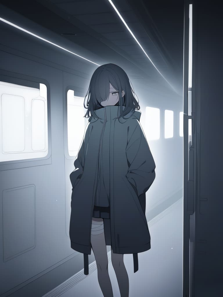  a melancholic girl with short,messy,and slightly unkempt hair,partially covering one eye,stands alone in a dimly lit train station at night. she wears a slightly oversized jacket with a high collar zipped up,her hands tucked in the pockets. the cool,muted colors of the scene create a somber and detached atmosphere.red and blue lights from distant signals illuminate the foggy platform behind her. her expression is distant and tired,conveying a sense of loneliness.bandages are subtly placed on her legs,hinting at her exhaustion. the setting feels quiet and isolated,with the soft glow of lights giving the scene an almost ethereal,otherworldly vibe.