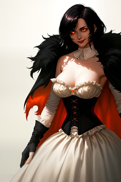  (dark shot:1.1), epic realistic, a beautiful, grown up woman, smiling cheekily. bright orange pupils. short black hair. corset. big chest dark background. on his shoulders is a fur collared cape. older., faded, (neutral colors:1.2), (hdr:1.4), (muted colors:1.2), hyperdetailed, (artstation:1.4), cinematic, warm lights, dramatic light, (intricate details:1.1), complex background, (rutkowski:0.66), (teal and orange:0.4)