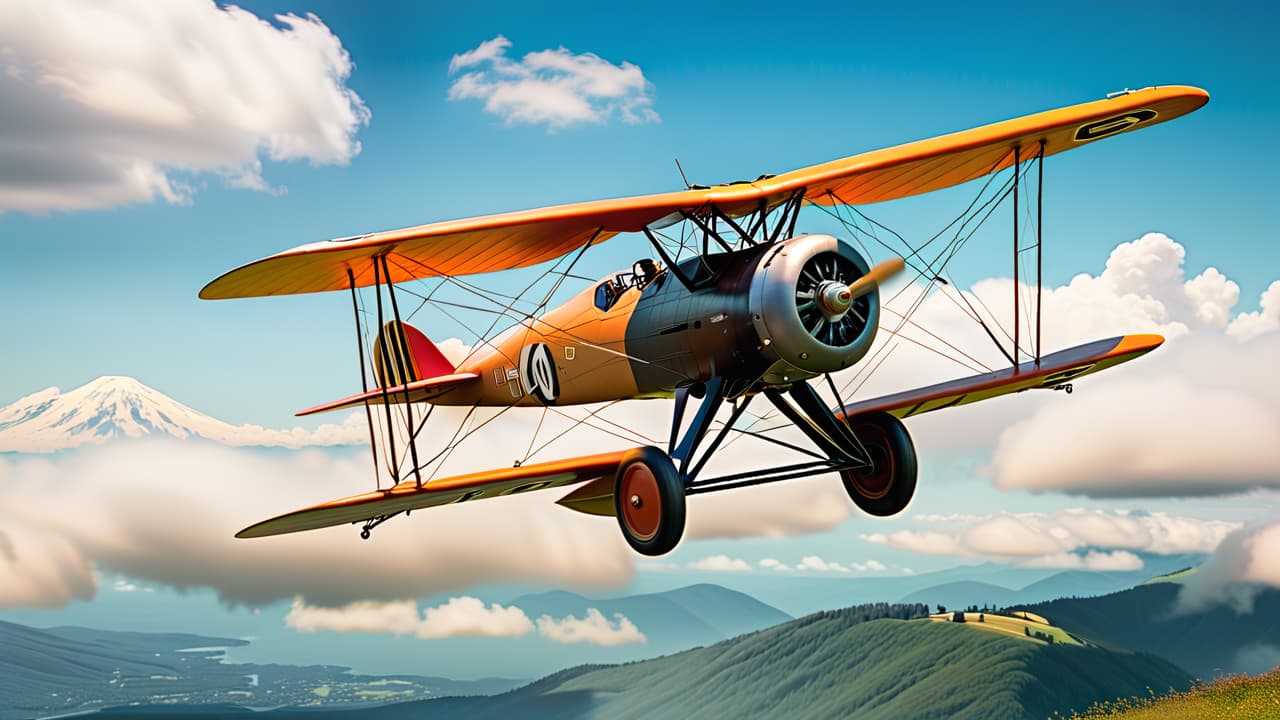  a vintage biplane soaring above a scenic landscape, with a clear blue sky and wispy clouds, surrounded by early 20th century aviators in period attire, capturing the essence of aviation's pioneering days. hyperrealistic, full body, detailed clothing, highly detailed, cinematic lighting, stunningly beautiful, intricate, sharp focus, f/1. 8, 85mm, (centered image composition), (professionally color graded), ((bright soft diffused light)), volumetric fog, trending on instagram, trending on tumblr, HDR 4K, 8K