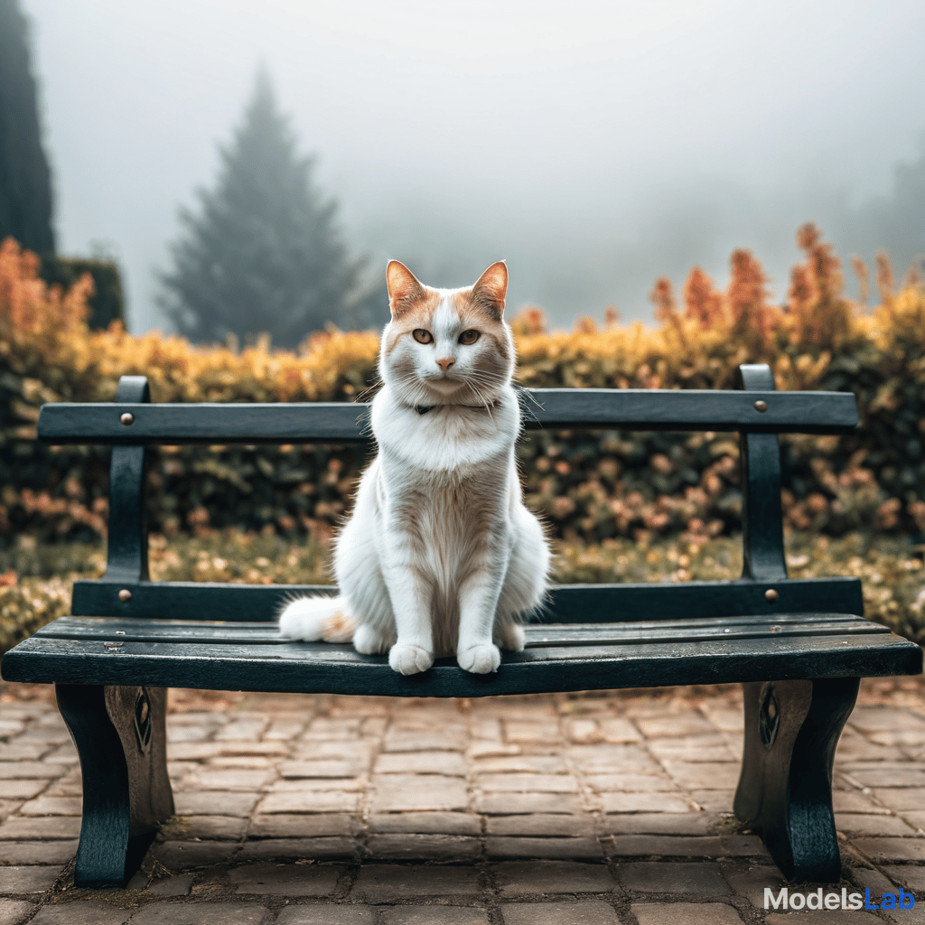  a cat sitting on a bench hyperrealistic, full body, detailed clothing, highly detailed, cinematic lighting, stunningly beautiful, intricate, sharp focus, f/1. 8, 85mm, (centered image composition), (professionally color graded), ((bright soft diffused light)), volumetric fog, trending on instagram, trending on tumblr, HDR 4K, 8K