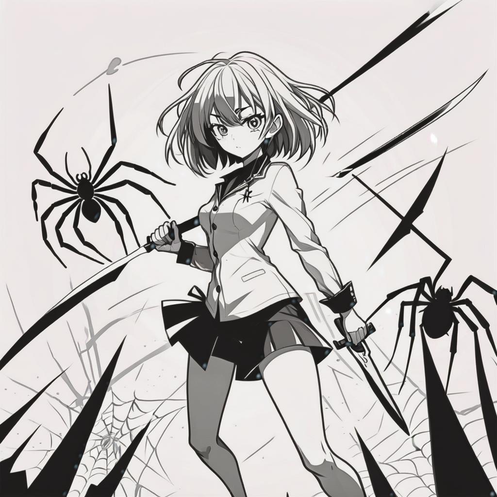  line art drawing girl with knife spiders, battle stance, same nightmare. anime style . professional, sleek, modern, minimalist, graphic, line art, vector graphics