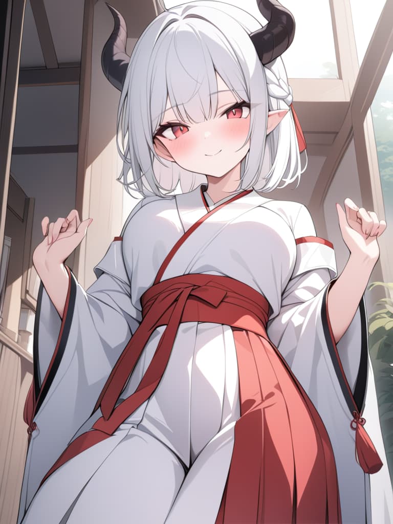  there are horns, girls, sharp ears, hakama, hits, short hair, white hair, dragon's daughter, red and white hakama, red eyes, cute, smiles, cheerful, black horns, masterpiece, best quality,8k,ultra detailed,high resolution,an extremely delicate and beautiful,hyper detail