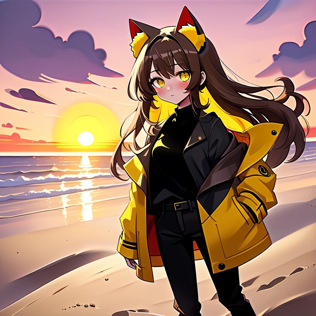  constructivist style an anime style girl with cat ears stands on the beach, where soft sand extends to the horizon. he has long dark brown hair, which flies slightly in the breeze. his face, with pronounced jewish and slavic features, radiates lively energy. brown eyes are full of deep emotions, as if reflecting the vast expanses of the ocean. he wears a bright yellow coat that seems to shine, catching the eye and contrasting with the soft shades of the sunset. under his coat he wears a black shirt and black pants are decorated with yellow elements, creating a stylish and dynamic look. bright red sunset, and bright red rays of the sun fall on the terrain, highlighting the sandy shore and contrast with the night darkness. . geometric shapes,