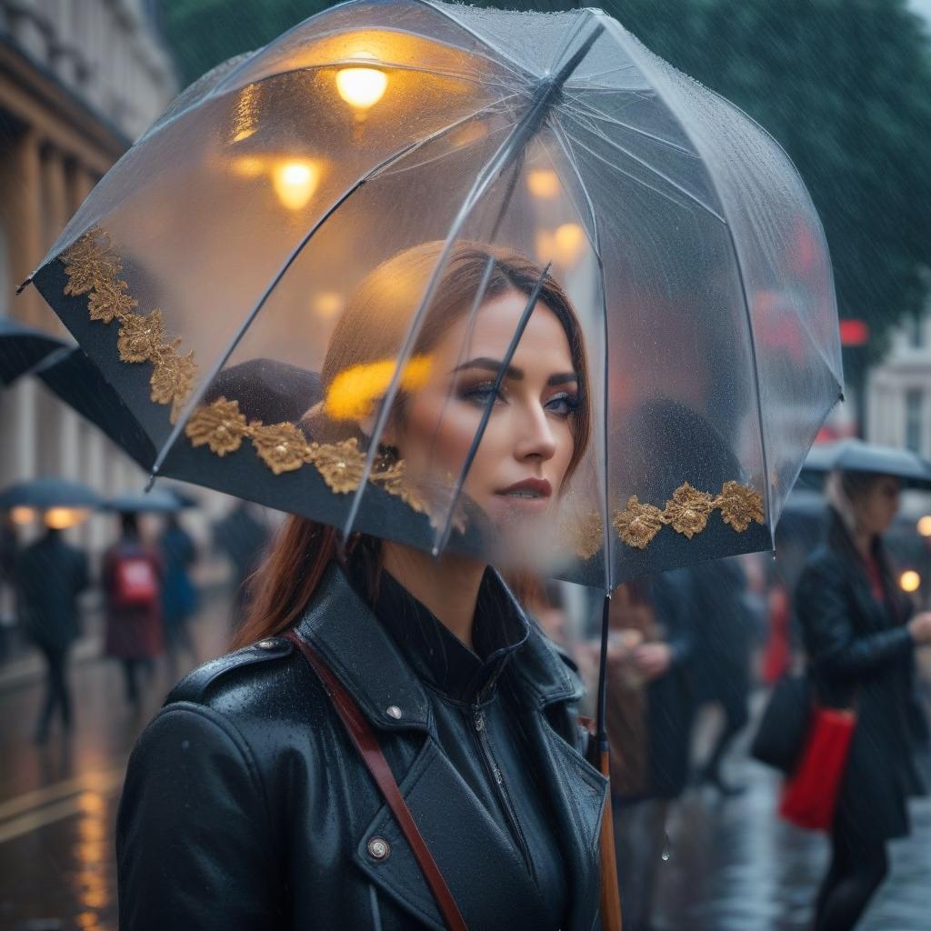  Rain in London hyperrealistic, full body, detailed clothing, highly detailed, cinematic lighting, stunningly beautiful, intricate, sharp focus, f/1. 8, 85mm, (centered image composition), (professionally color graded), ((bright soft diffused light)), volumetric fog, trending on instagram, trending on tumblr, HDR 4K, 8K