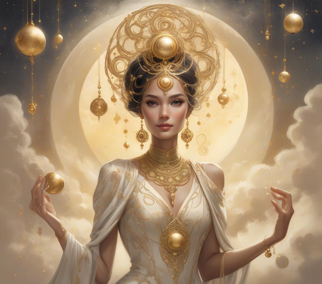  concept art an elegant woman adorned with a sophisticated headpiece featuring gold orbs and swirling beige accents against a lunar backdrop. photo mage, searching for non obvious connections happiness is realized only after it has already happened, happiness is always in the past. happiness can only be remembered! in the style of dan quintana . digital artwork, illustrative, painterly, matte painting, highly detailed