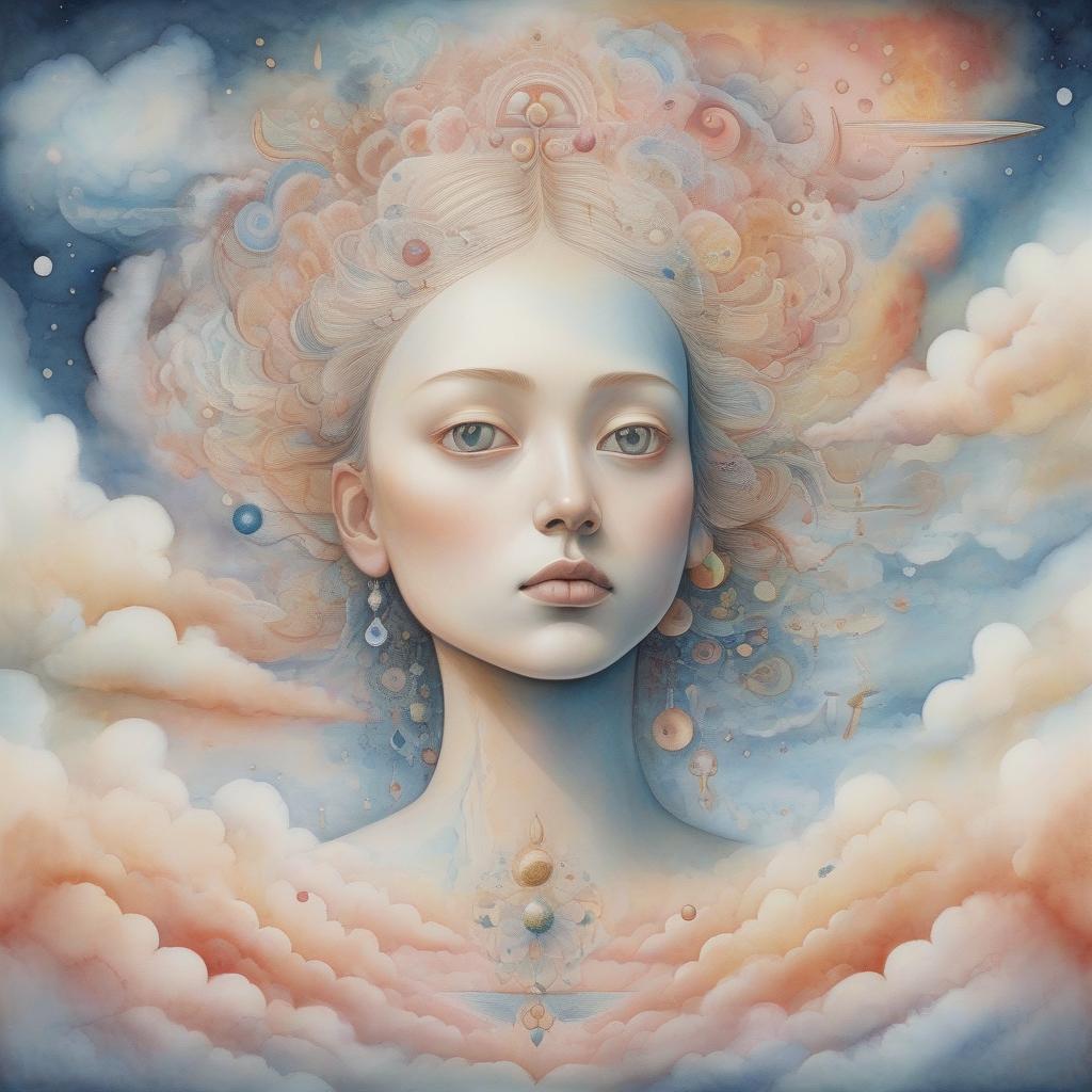  hyperrealistic art a surreal digital artwork featuring a serene female face with intricate, cosmic embellishments merging with celestial clouds. soft {watercolor, smooth and realistic portrait, intricate, high definition, realistic, japanese watercolor and ink, paul klee, georgia o'keefe} . extremely high resolution details, photographic, realism pushed to extreme, fine texture, incredibly lifelike