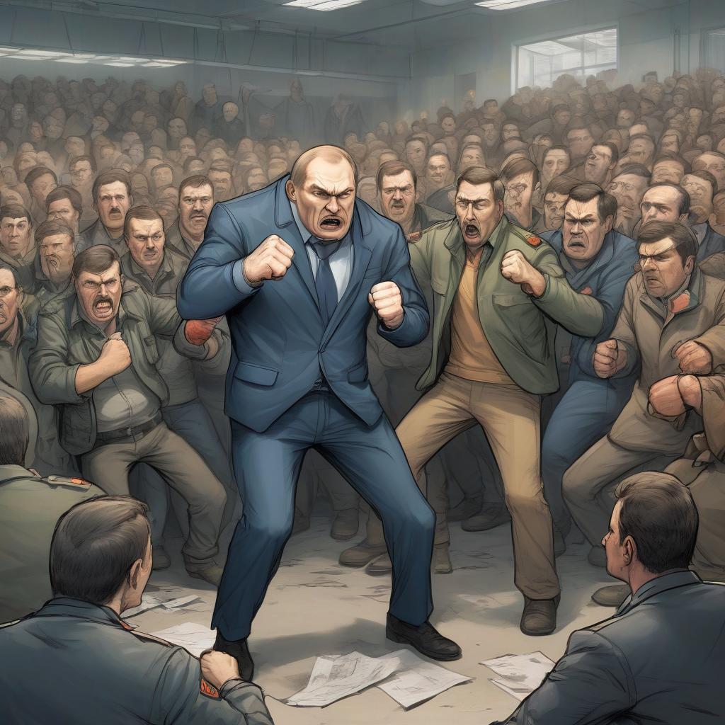  cartoon. in the foreground, a healthy russian worker in dirty clothes threatens with a fist. in the background, a powerful official in a jacket is surrounded by workers.