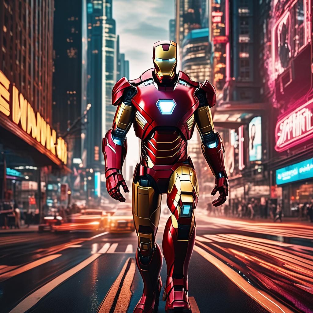  masterpiece, best quality, masterpiece, 8k resolution, realistic, highly detailed, Iron Man close-up. He stands on a street lined with tall buildings in a cyberpunk style city at night. The city's night lights are bright, and the surrounding buildings and streets are full of cyberpunk elements such as neon lights, high-tech equipment and futuristic architectural design.