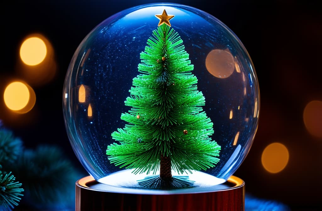  professional detailed photography, abstract christmas tree in glass ball on blurred dark background with highlights ar 3:2, (muted colors, dim colors, soothing tones), (vsco:0.3)