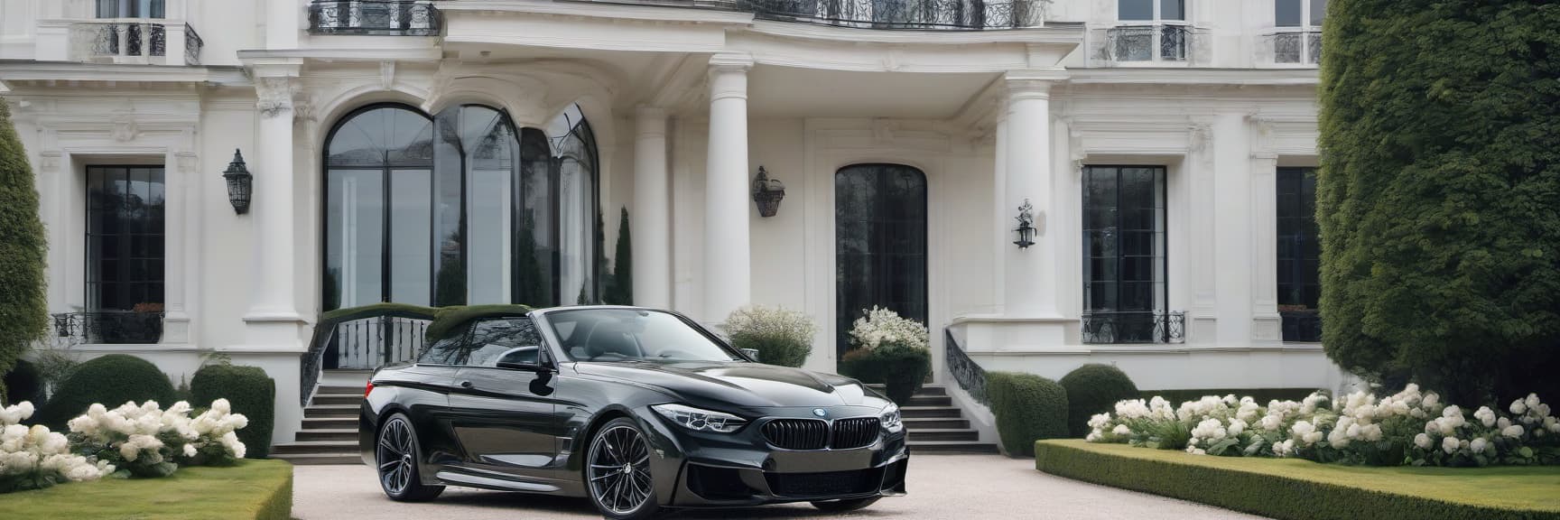  classic white luxury mansion, large black metal framed windows, beautiful front garden with white flowers, bright clear sky, luxury car bmw, elegant and timeless architecture, highly detailed, very sharp and realistic